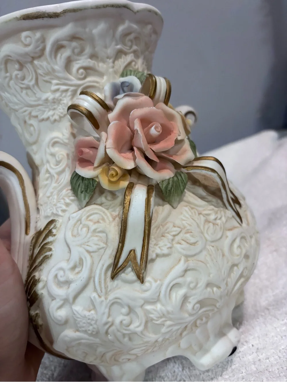 Vintage Ornate White Porcelain Urn Vase with Pink Floral Applique